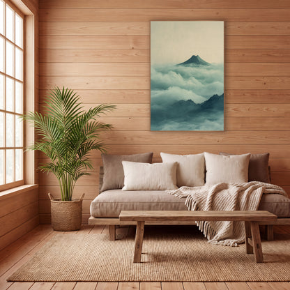 Misty Volcano Peak Japandi wall art in a calm Japandi-style room – lone dark volcano peak above rolling jade and teal