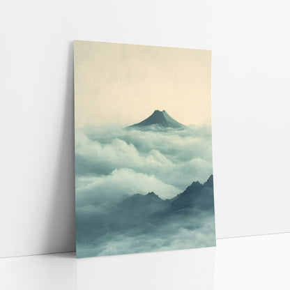 Misty Volcano Peak Japandi art print leaning against a white wall – lone dark volcano peak above rolling jade and teal clouds