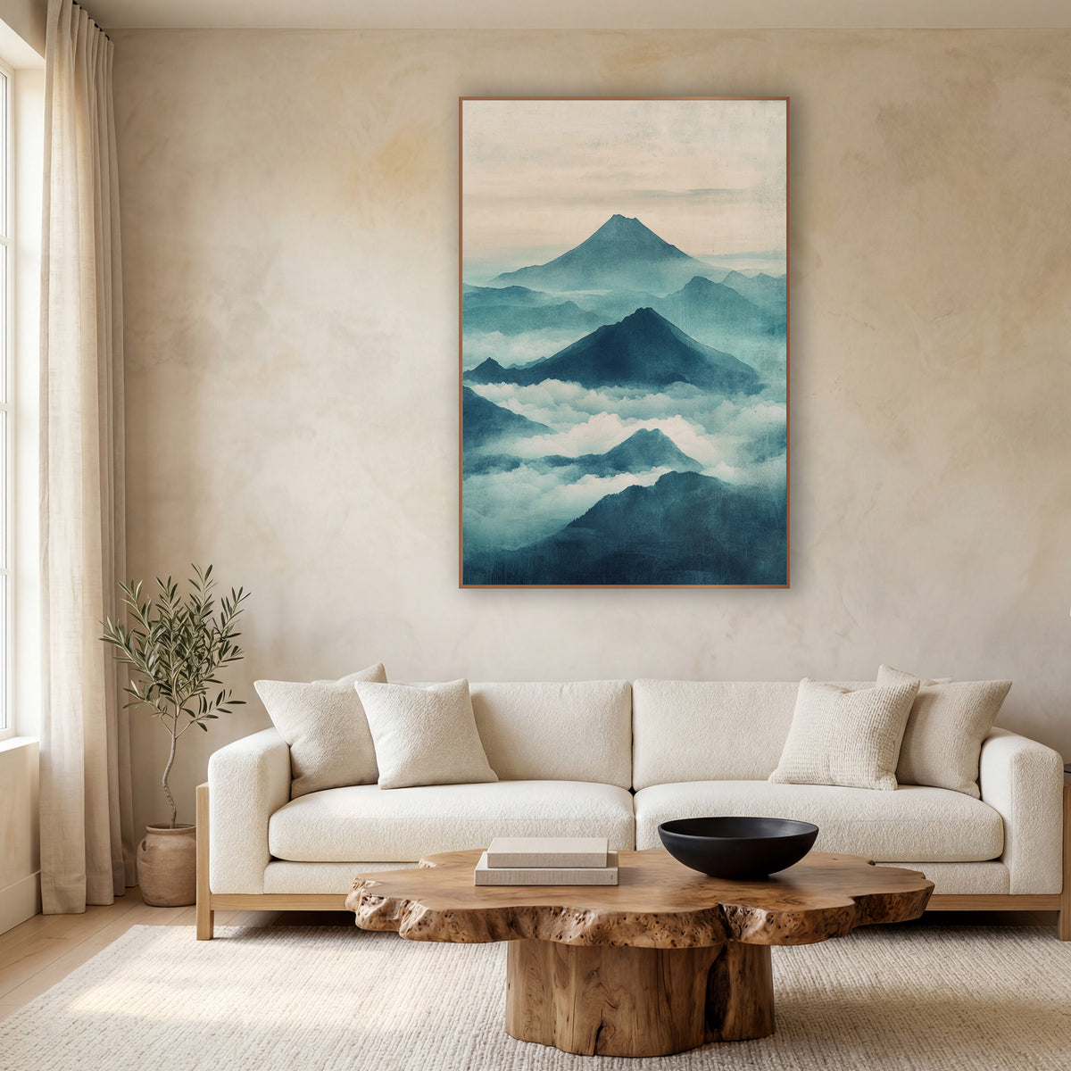 Teal Mountain Mist Japandi wall art in a calm Japandi-style room – misty teal mountain peaks rising above white clouds