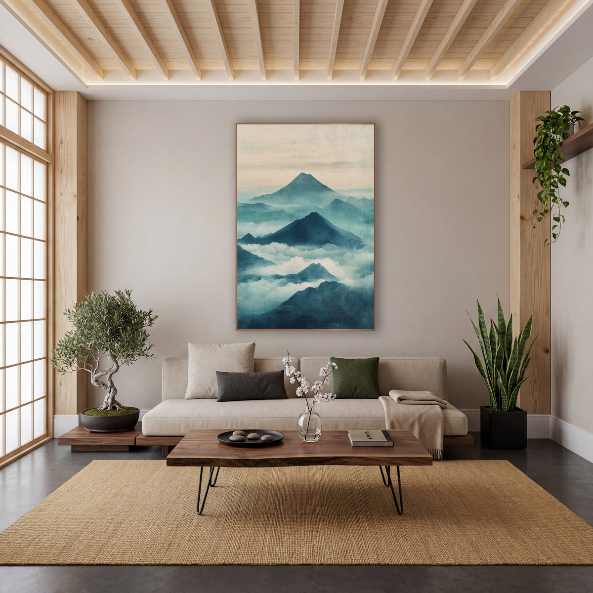 Teal Mountain Mist Japandi wall art in a calm Japandi-style room – misty teal mountain peaks rising above white clouds