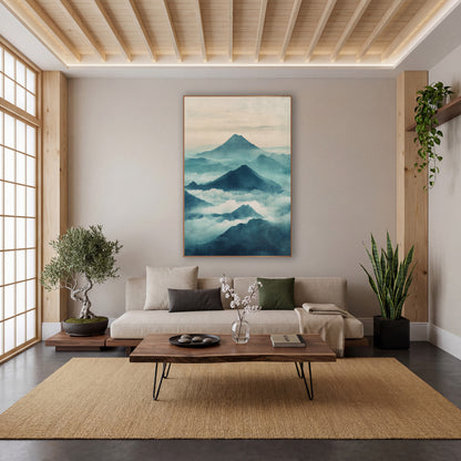 Teal Mountain Mist Japandi wall art in a calm Japandi-style room – misty teal mountain peaks rising above white clouds
