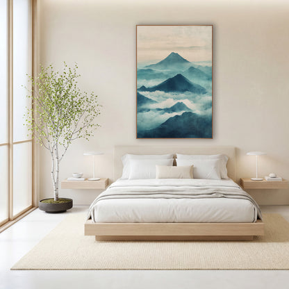 Teal Mountain Mist Japandi wall art in a calm Japandi-style room – misty teal mountain peaks rising above white clouds