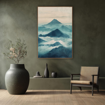Teal Mountain Mist Japandi wall art in a calm Japandi-style room – misty teal mountain peaks rising above white clouds