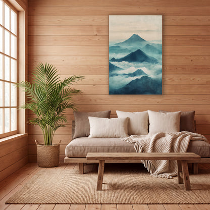 Teal Mountain Mist Japandi wall art in a calm Japandi-style room – misty teal mountain peaks rising above white clouds