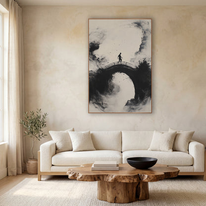 Ink Figure on Arched Bridge wall art in a calm Japandi-style room – black ink-style artwork of a lone figure walking