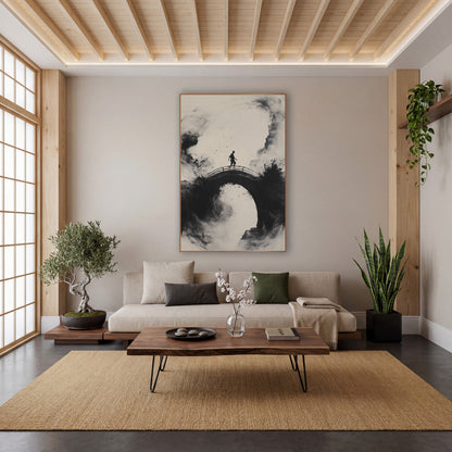 Ink Figure on Arched Bridge wall art in a calm Japandi-style room – black ink-style artwork of a lone figure walking
