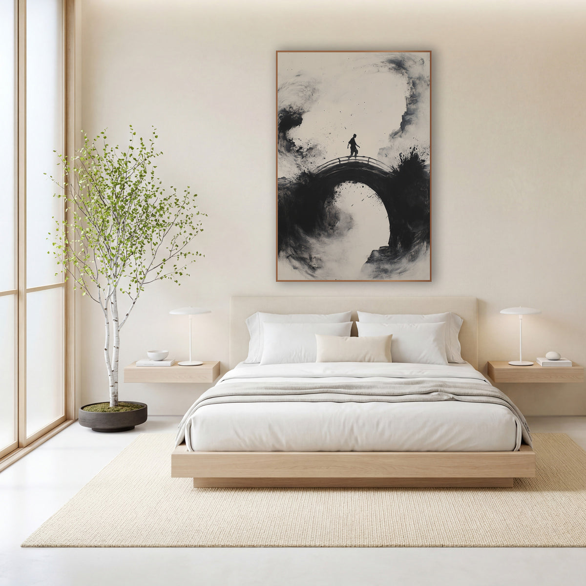 Ink Figure on Arched Bridge wall art in a calm Japandi-style room – black ink-style artwork of a lone figure walking