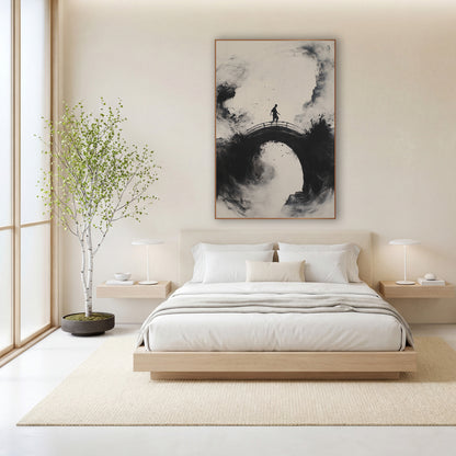 Ink Figure on Arched Bridge wall art in a calm Japandi-style room – black ink-style artwork of a lone figure walking