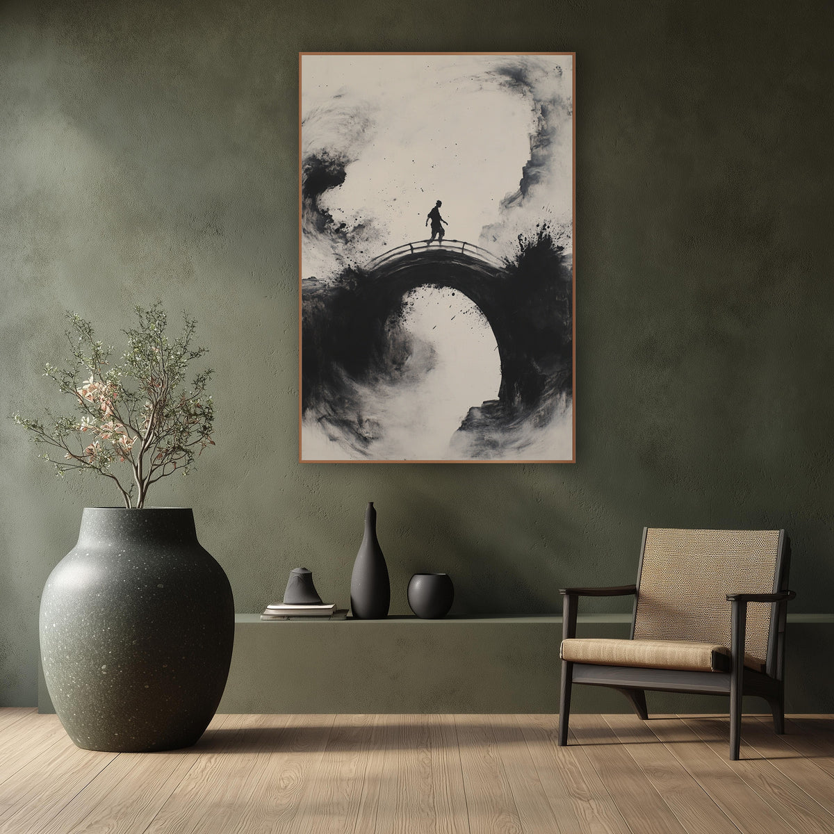 Ink Figure on Arched Bridge wall art in a calm Japandi-style room – black ink-style artwork of a lone figure walking