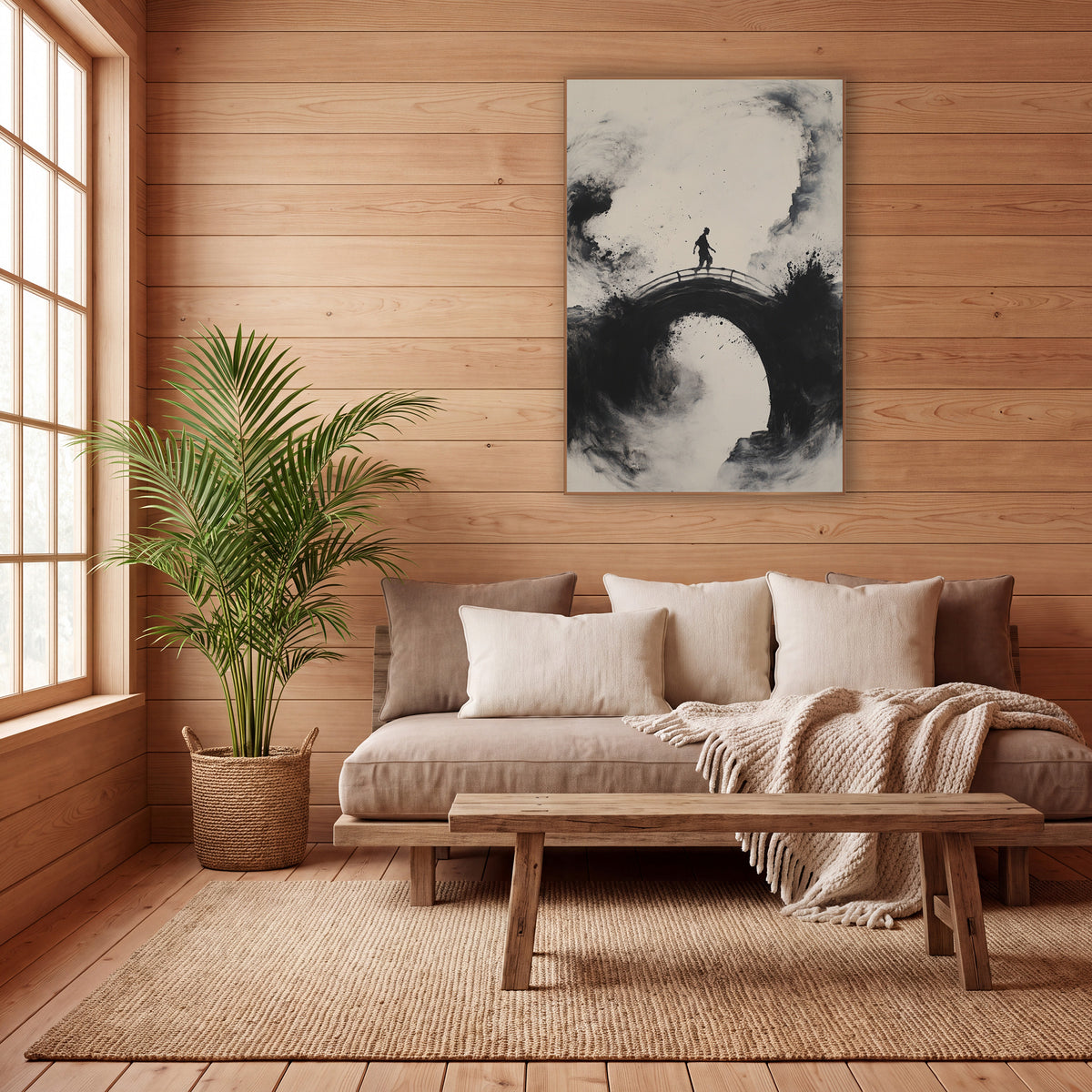 Ink Figure on Arched Bridge wall art in a calm Japandi-style room – black ink-style artwork of a lone figure walking