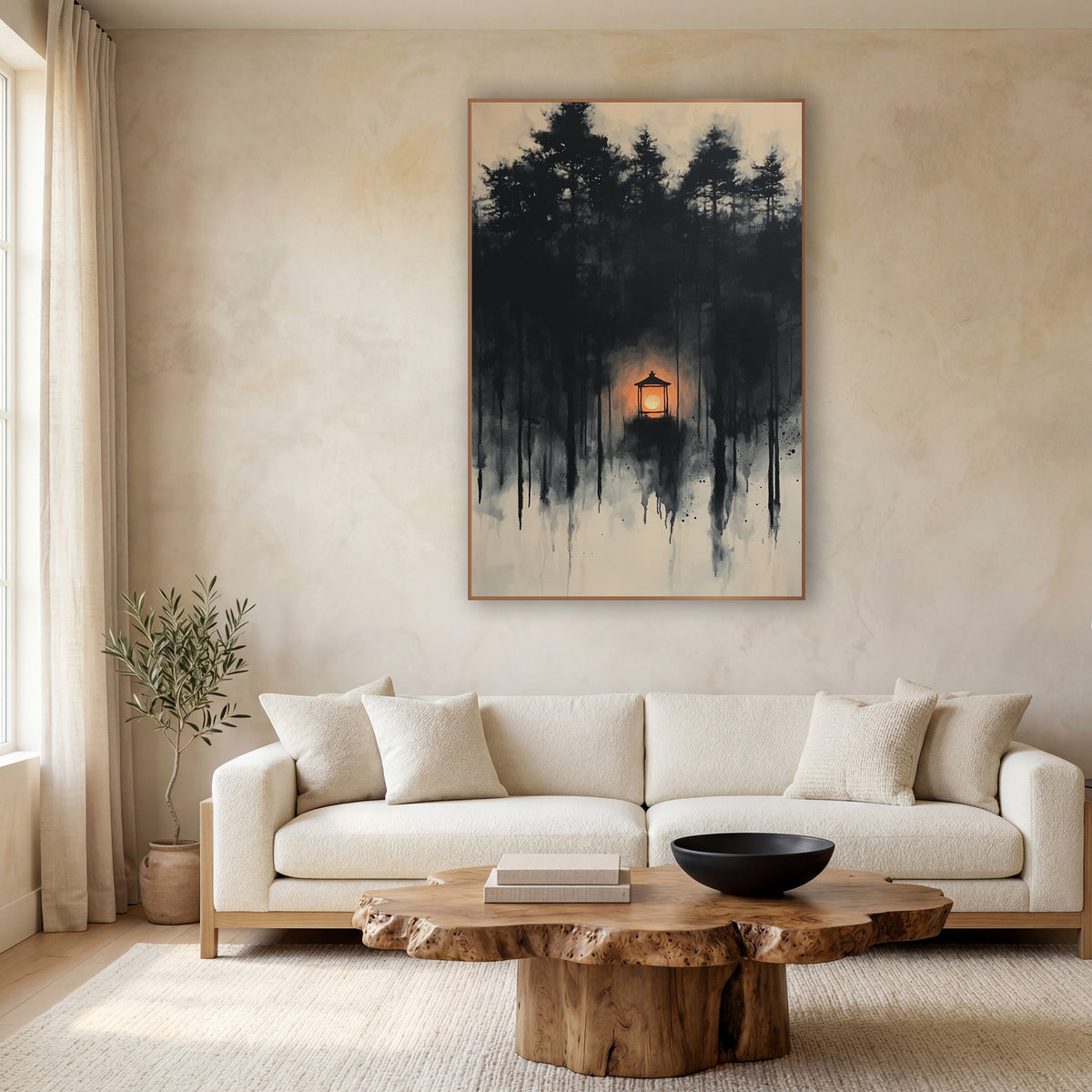 Glowing Lantern Ink Forest Japandi wall art in a calm Japandi-style room – small glowing orange lantern among dark