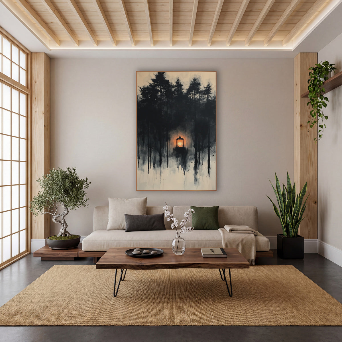 Glowing Lantern Ink Forest Japandi wall art in a calm Japandi-style room – small glowing orange lantern among dark