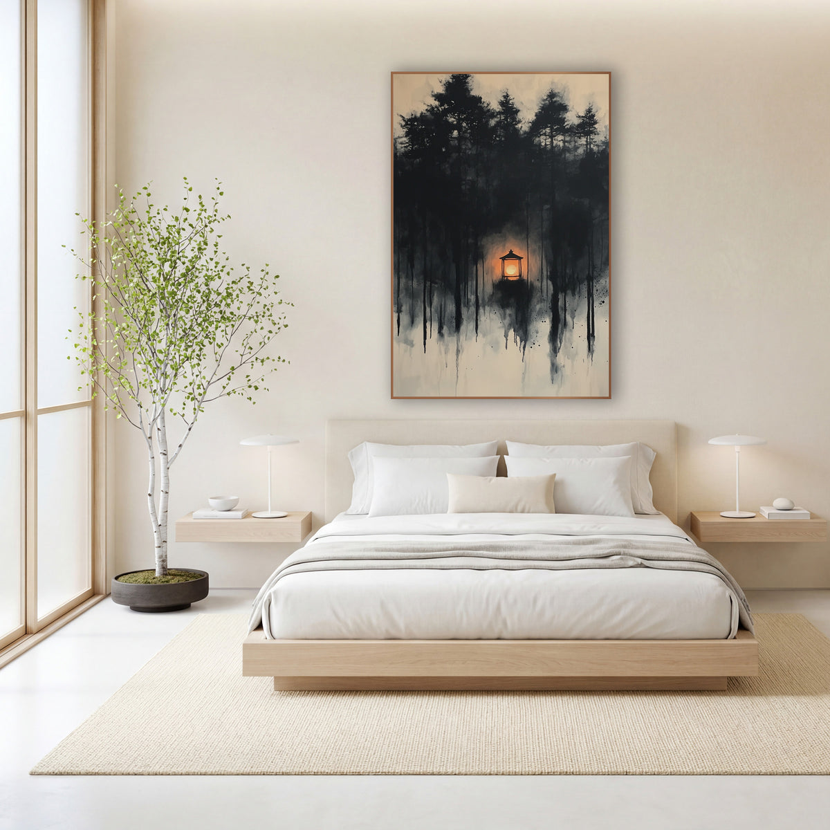Glowing Lantern Ink Forest Japandi wall art in a calm Japandi-style room – small glowing orange lantern among dark