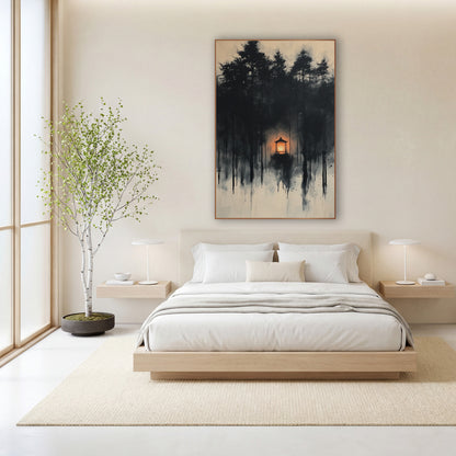 Glowing Lantern Ink Forest Japandi wall art in a calm Japandi-style room – small glowing orange lantern among dark