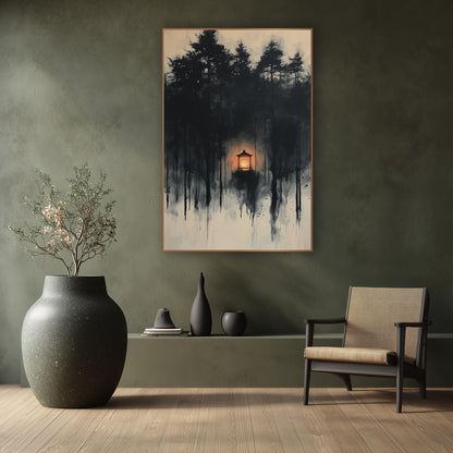 Glowing Lantern Ink Forest Japandi wall art in a calm Japandi-style room – small glowing orange lantern among dark