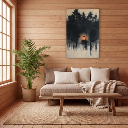 Glowing Lantern Ink Forest Japandi wall art in a calm Japandi-style room – small glowing orange lantern among dark