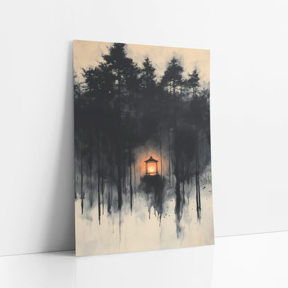 Glowing Lantern Ink Forest Japandi art print leaning against a white wall – small glowing orange lantern among dark ink-style