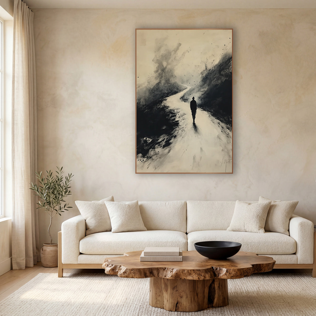 Winding Road Wanderer Ink Study wall art in a calm Japandi-style room – dark silhouette of a lone traveler walking