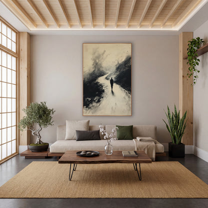 Winding Road Wanderer Ink Study wall art in a calm Japandi-style room – dark silhouette of a lone traveler walking