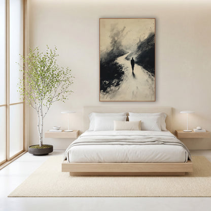 Winding Road Wanderer Ink Study wall art in a calm Japandi-style room – dark silhouette of a lone traveler walking