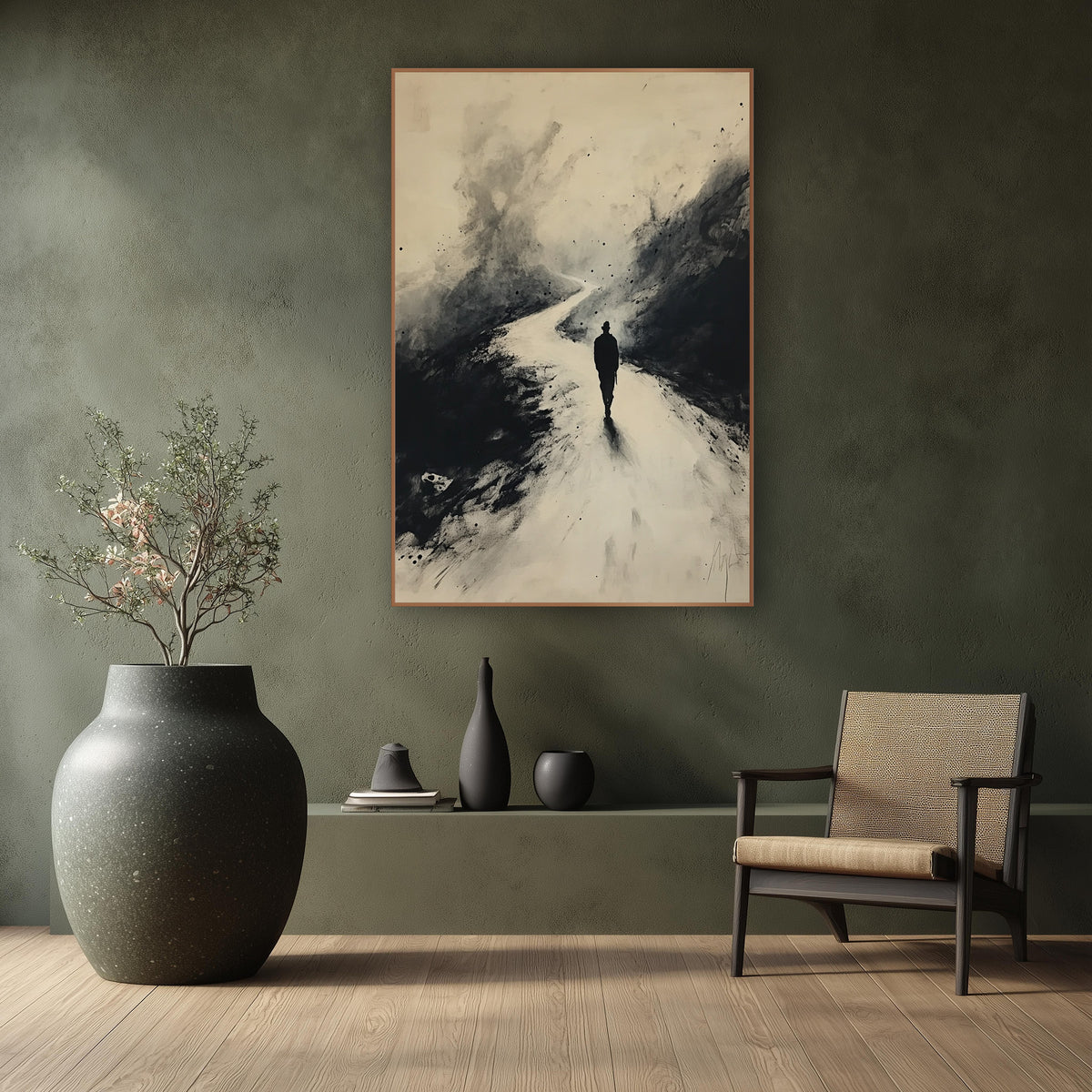 Winding Road Wanderer Ink Study wall art in a calm Japandi-style room – dark silhouette of a lone traveler walking