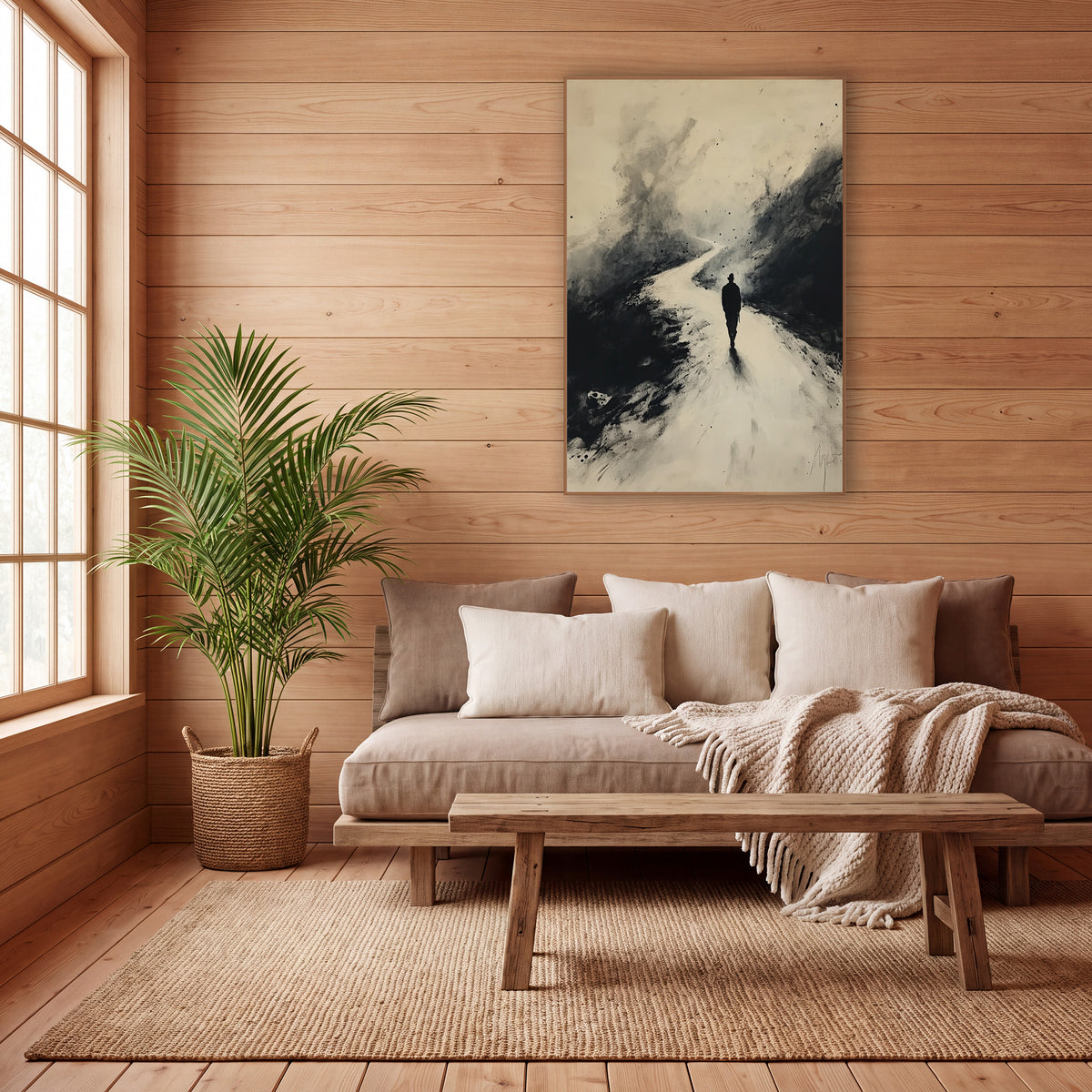 Winding Road Wanderer Ink Study wall art in a calm Japandi-style room – dark silhouette of a lone traveler walking