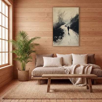 Winding Road Wanderer Ink Study wall art in a calm Japandi-style room – dark silhouette of a lone traveler walking