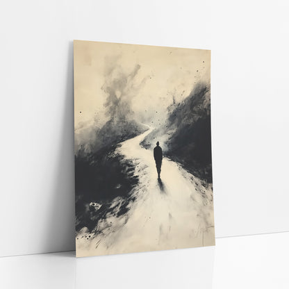 Winding Road Wanderer Ink Study art print leaning against a white wall – dark silhouette of a lone traveler walking a pale