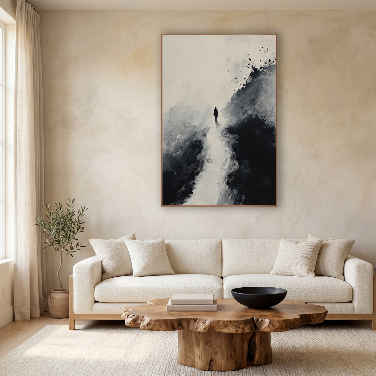 Distant Ridge Walker Splatter Ink wall art in a calm Japandi-style room – black ink landscape of a small lone figure