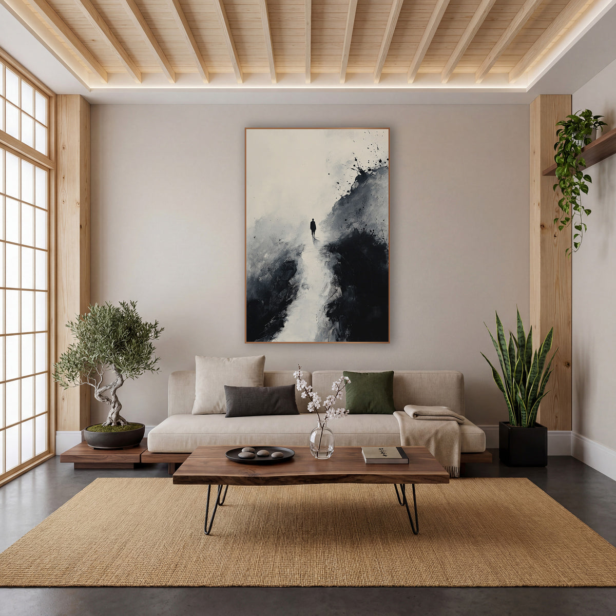 Distant Ridge Walker Splatter Ink wall art in a calm Japandi-style room – black ink landscape of a small lone figure