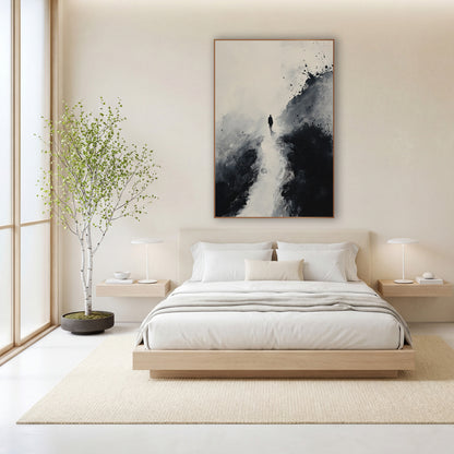 Distant Ridge Walker Splatter Ink wall art in a calm Japandi-style room – black ink landscape of a small lone figure