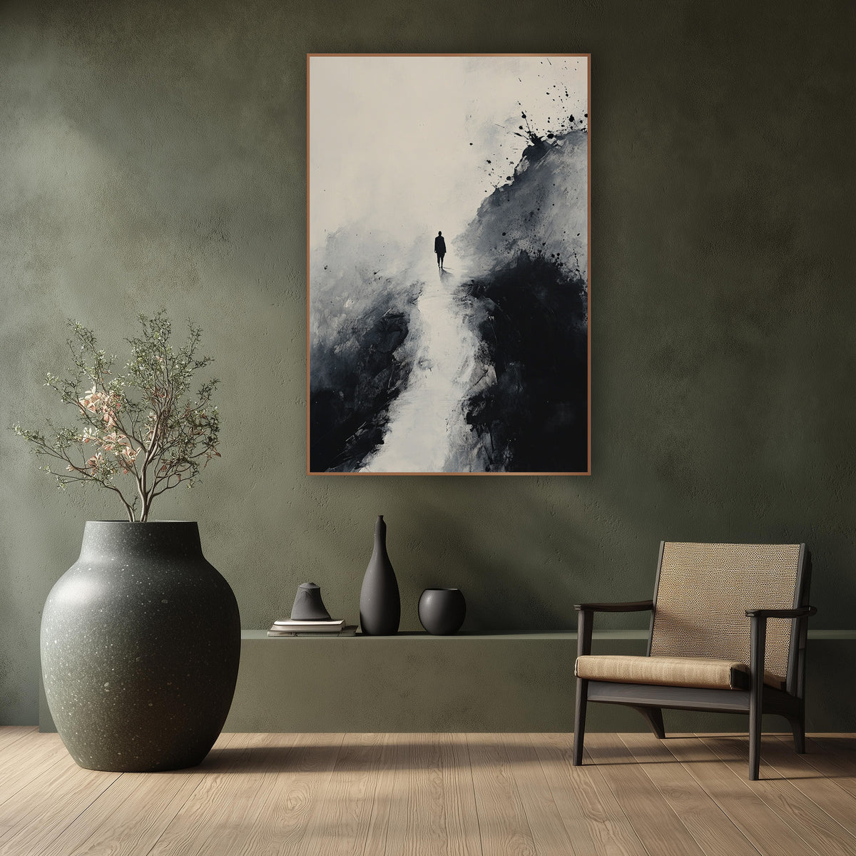 Distant Ridge Walker Splatter Ink wall art in a calm Japandi-style room – black ink landscape of a small lone figure