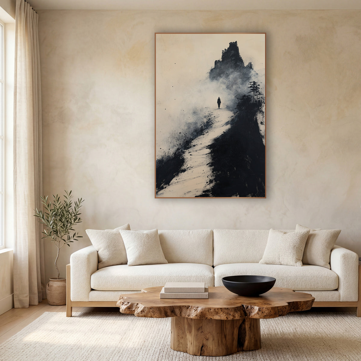 Pine Summit Pilgrim Ink Landscape wall art in a calm Japandi-style room – lone traveler walking a pale path toward