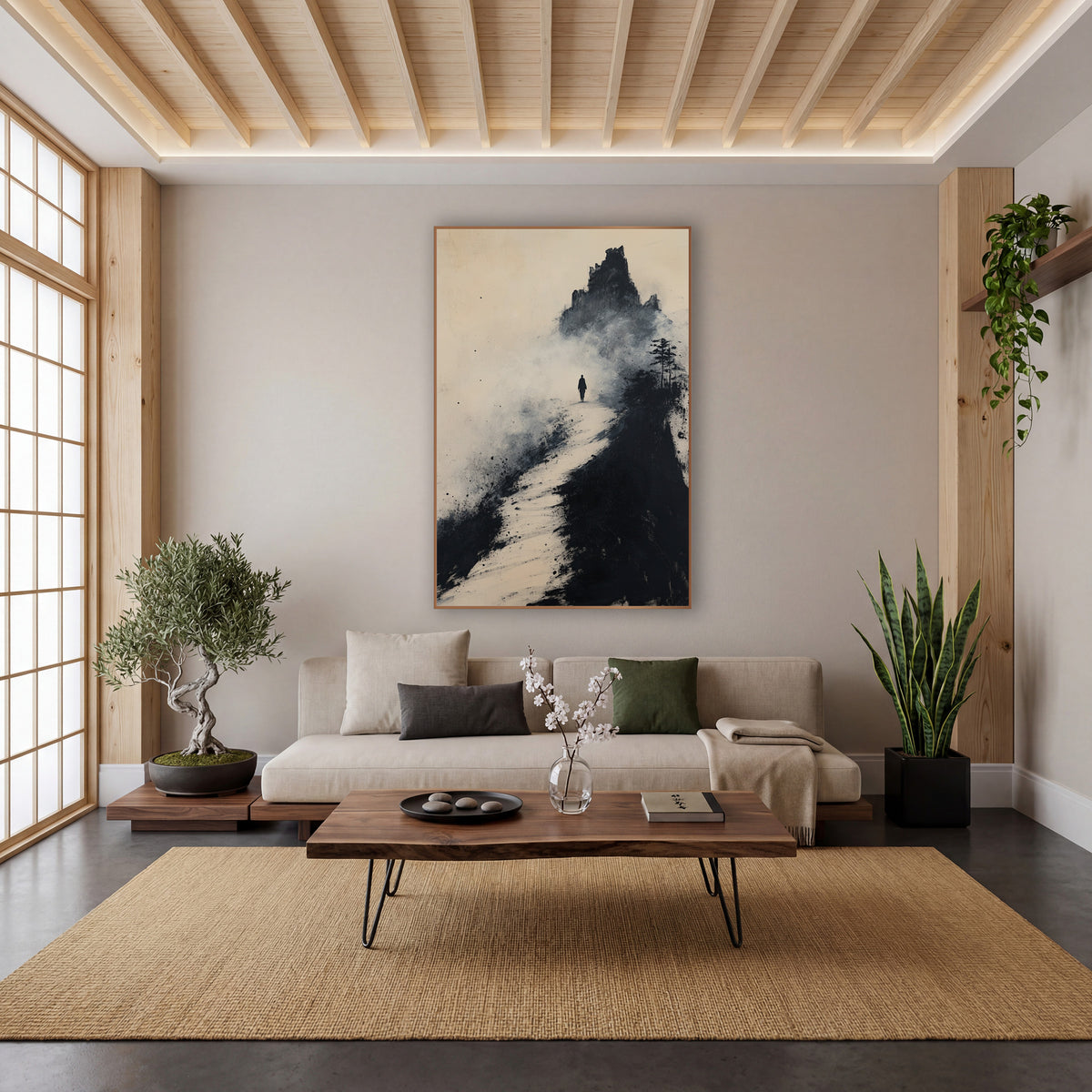 Pine Summit Pilgrim Ink Landscape wall art in a calm Japandi-style room – lone traveler walking a pale path toward