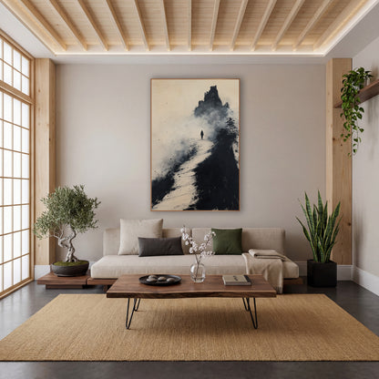Pine Summit Pilgrim Ink Landscape wall art in a calm Japandi-style room – lone traveler walking a pale path toward