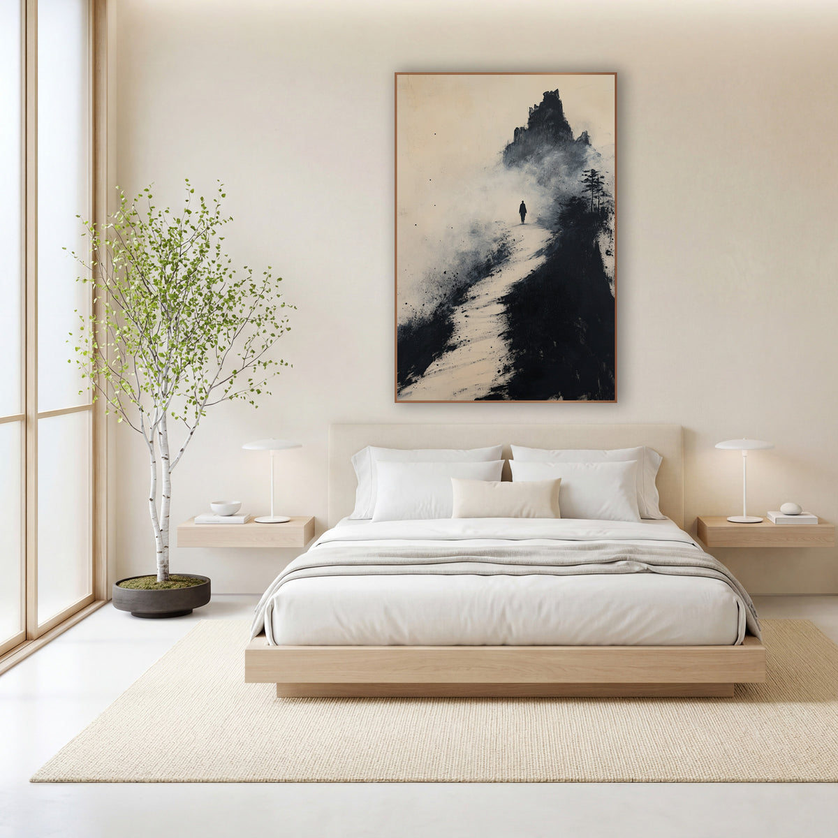 Pine Summit Pilgrim Ink Landscape wall art in a calm Japandi-style room – lone traveler walking a pale path toward