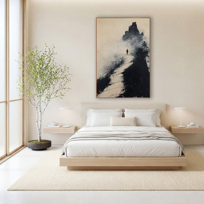 Pine Summit Pilgrim Ink Landscape wall art in a calm Japandi-style room – lone traveler walking a pale path toward
