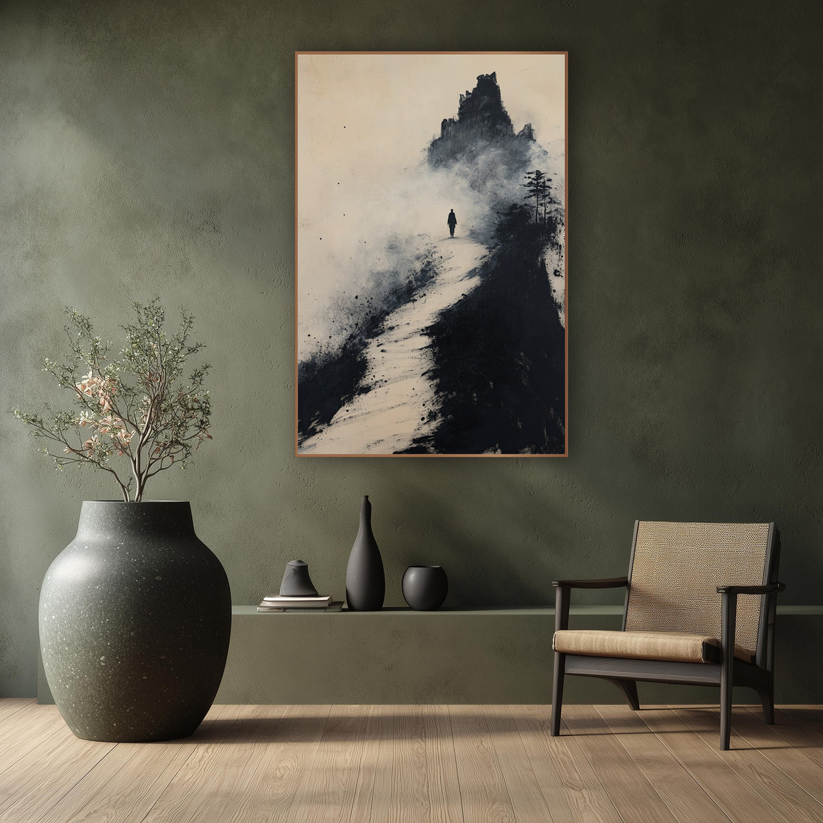 Pine Summit Pilgrim Ink Landscape wall art in a calm Japandi-style room – lone traveler walking a pale path toward