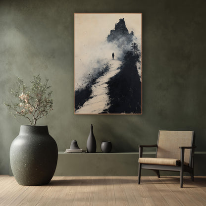 Pine Summit Pilgrim Ink Landscape wall art in a calm Japandi-style room – lone traveler walking a pale path toward