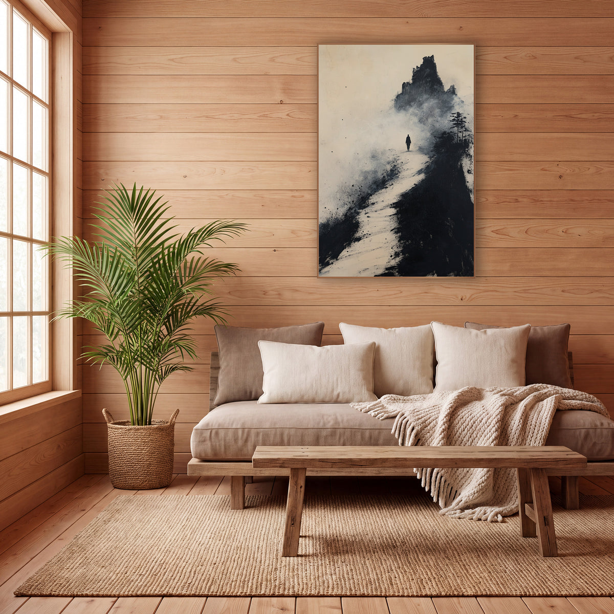 Pine Summit Pilgrim Ink Landscape wall art in a calm Japandi-style room – lone traveler walking a pale path toward