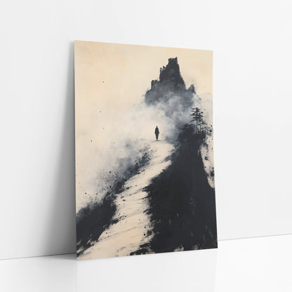 Pine Summit Pilgrim Ink Landscape art print leaning against a white wall – lone traveler walking a pale path toward a misty