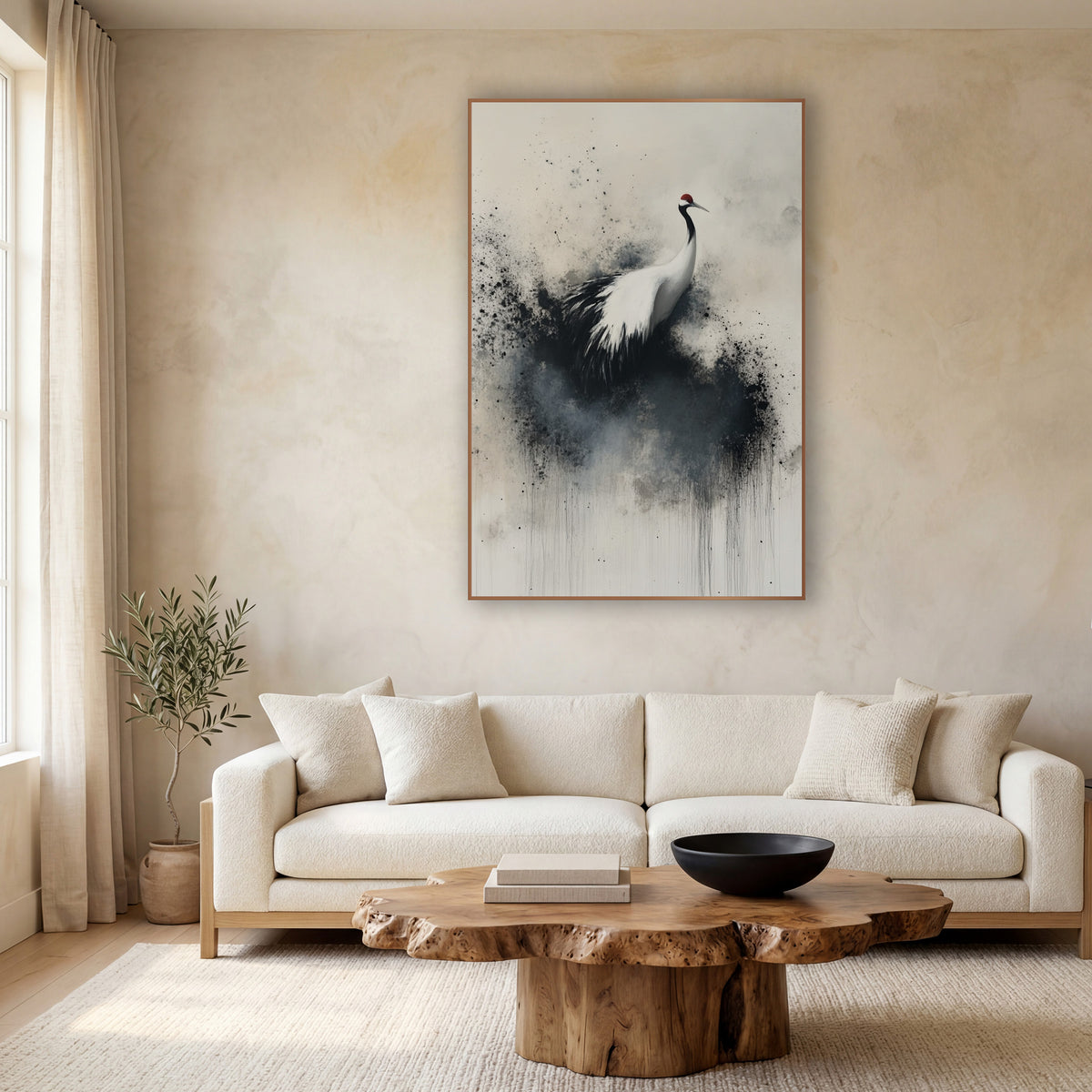 Red Crowned Crane Ink Splash wall art in a calm Japandi-style room – white crane with red crown standing in a cloud