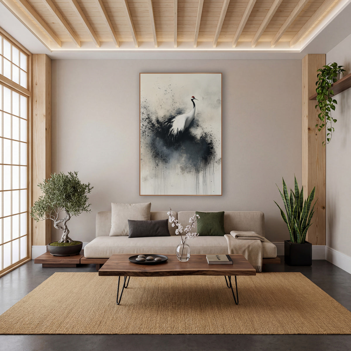 Red Crowned Crane Ink Splash wall art in a calm Japandi-style room – white crane with red crown standing in a cloud
