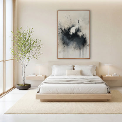 Red Crowned Crane Ink Splash wall art in a calm Japandi-style room – white crane with red crown standing in a cloud