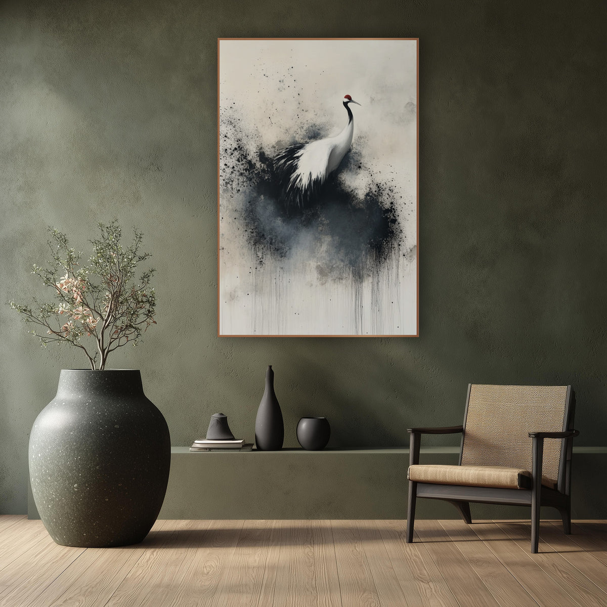 Red Crowned Crane Ink Splash wall art in a calm Japandi-style room – white crane with red crown standing in a cloud