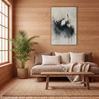Red Crowned Crane Ink Splash wall art in a calm Japandi-style room – white crane with red crown standing in a cloud