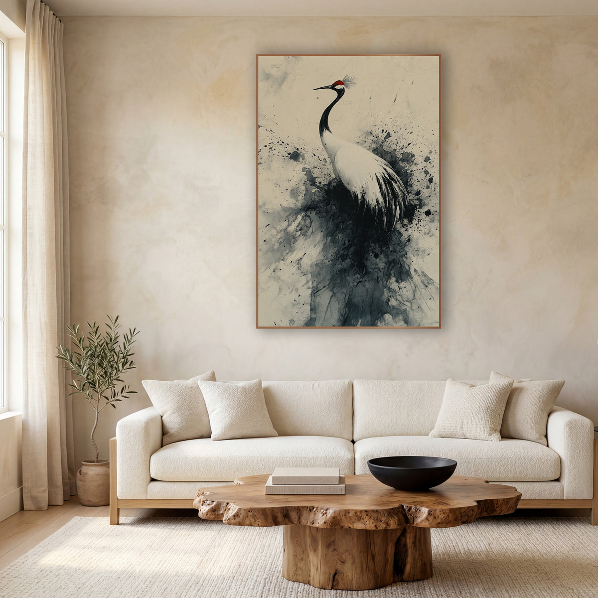 Red-Crowned Crane Ink Splash Japandi wall art in a calm Japandi-style room – crane with red crown and white feathers