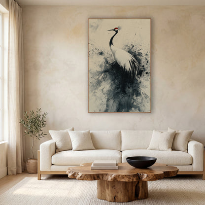 Red-Crowned Crane Ink Splash Japandi wall art in a calm Japandi-style room – crane with red crown and white feathers