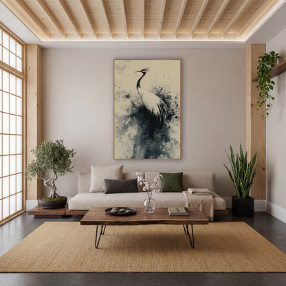 Red-Crowned Crane Ink Splash Japandi wall art in a calm Japandi-style room – crane with red crown and white feathers
