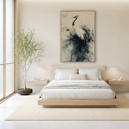 Red-Crowned Crane Ink Splash Japandi wall art in a calm Japandi-style room – crane with red crown and white feathers